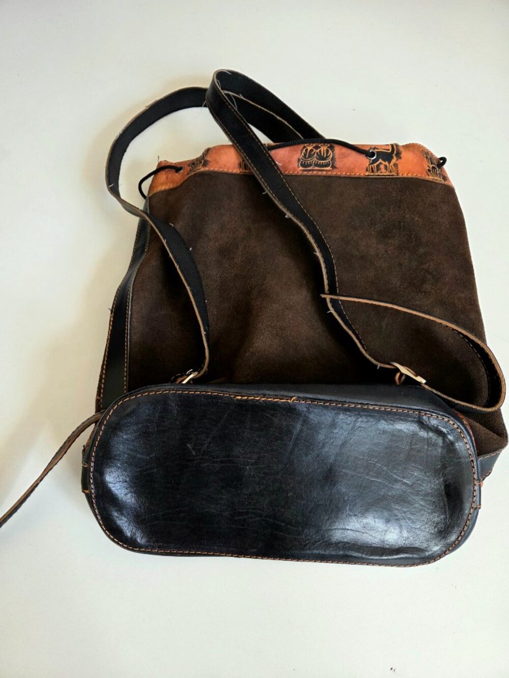 Puro Cuero Handcrafted Peruvian Leather Suede backpack Traditional Geometric - Picture 4 of 7